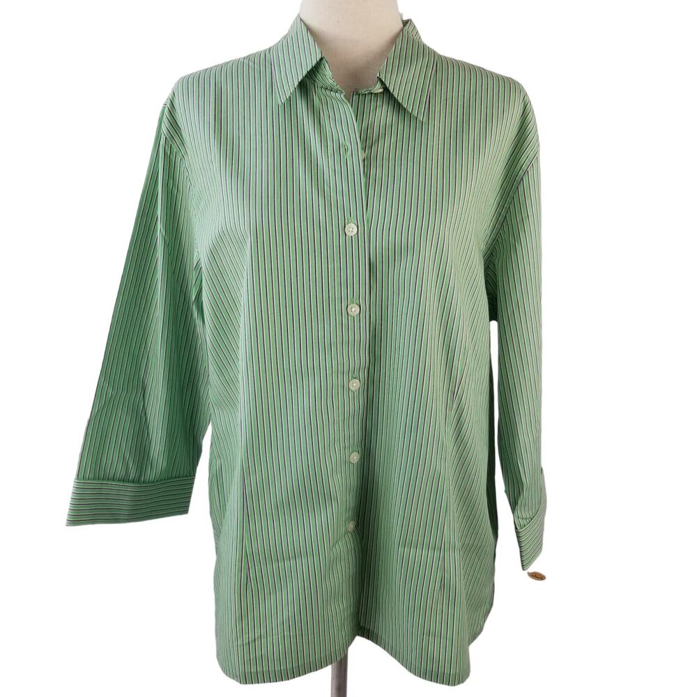 Talbots Green Blue Pink Pin Stripe Top Blouse Button Down NEW Size Large